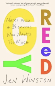 White cover with the word "greedy" in rainbow colors