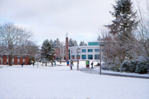 Image of Clark College Library in the snow. 